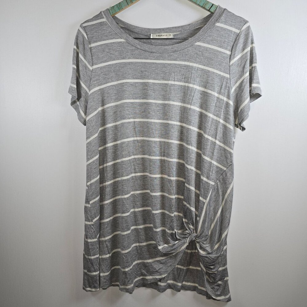 Emerald, Boutique, Striped, Loose, Gray, Casual, Side Waist Tie Knot, Tops, 1X